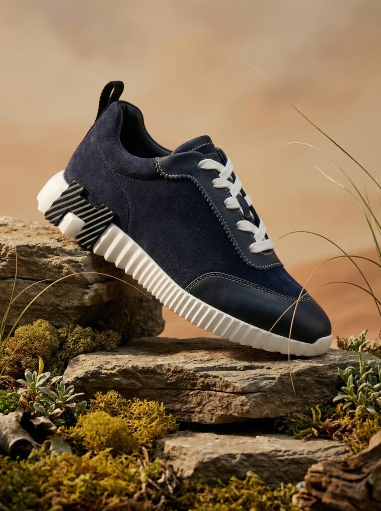 Premium navy blue suede sneakers displayed on natural rocks, available at Shoeaholic Bahrain for delivery across the Gulf. | أحذية رياضية كحلية فاخرة متوفرة لدى شوهوليك البحرين، شحن لجميع دول الخليج.