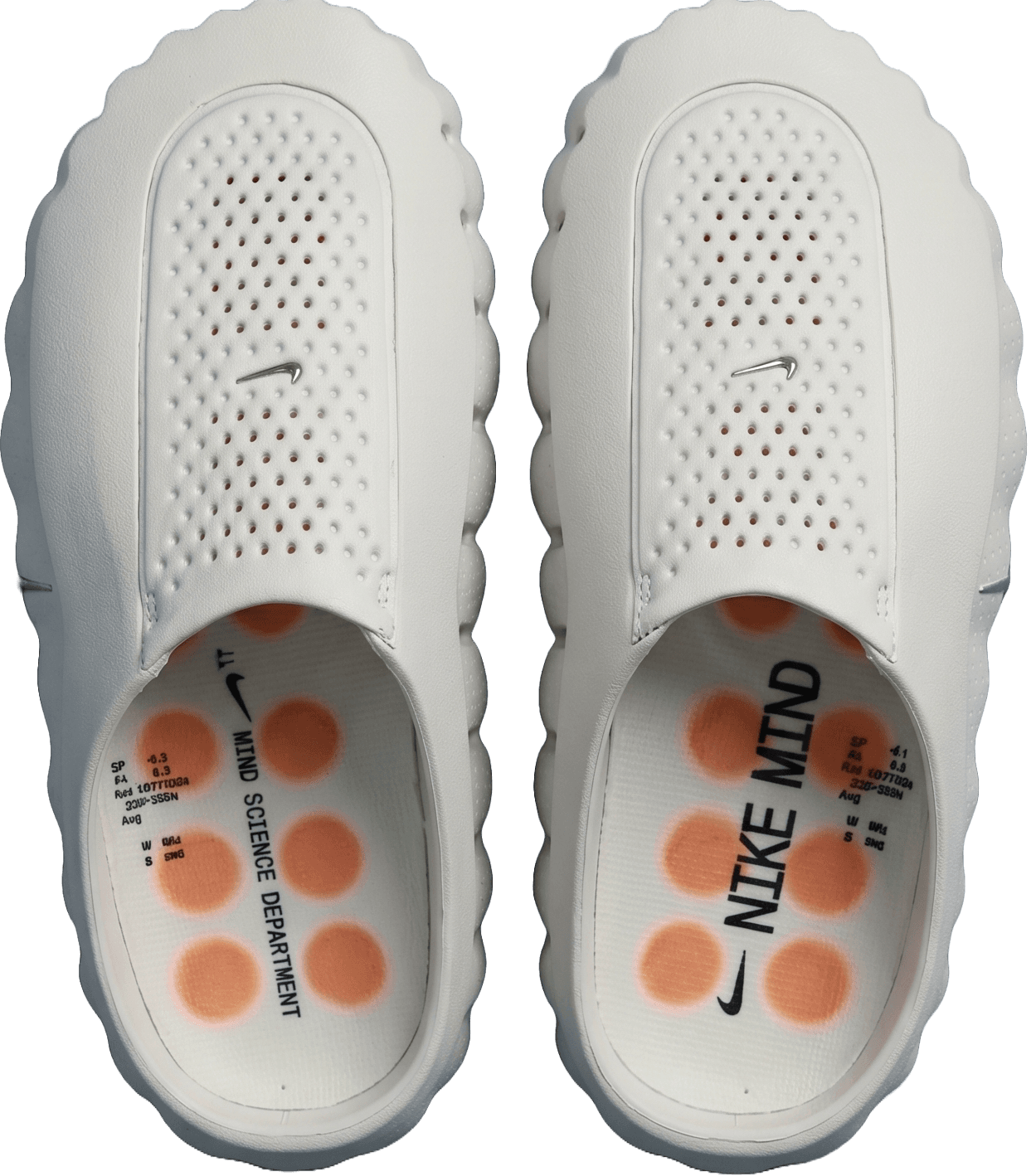 Top view of minimalist white perforated slip-on mules with a chunky sole, Shoeaholic Bahrain Footwear. || منظر علوي لحذاء ميول أبيض عصري بتصميم مخرم ونعل سميك، شوهوليك البحرين للأحذية.