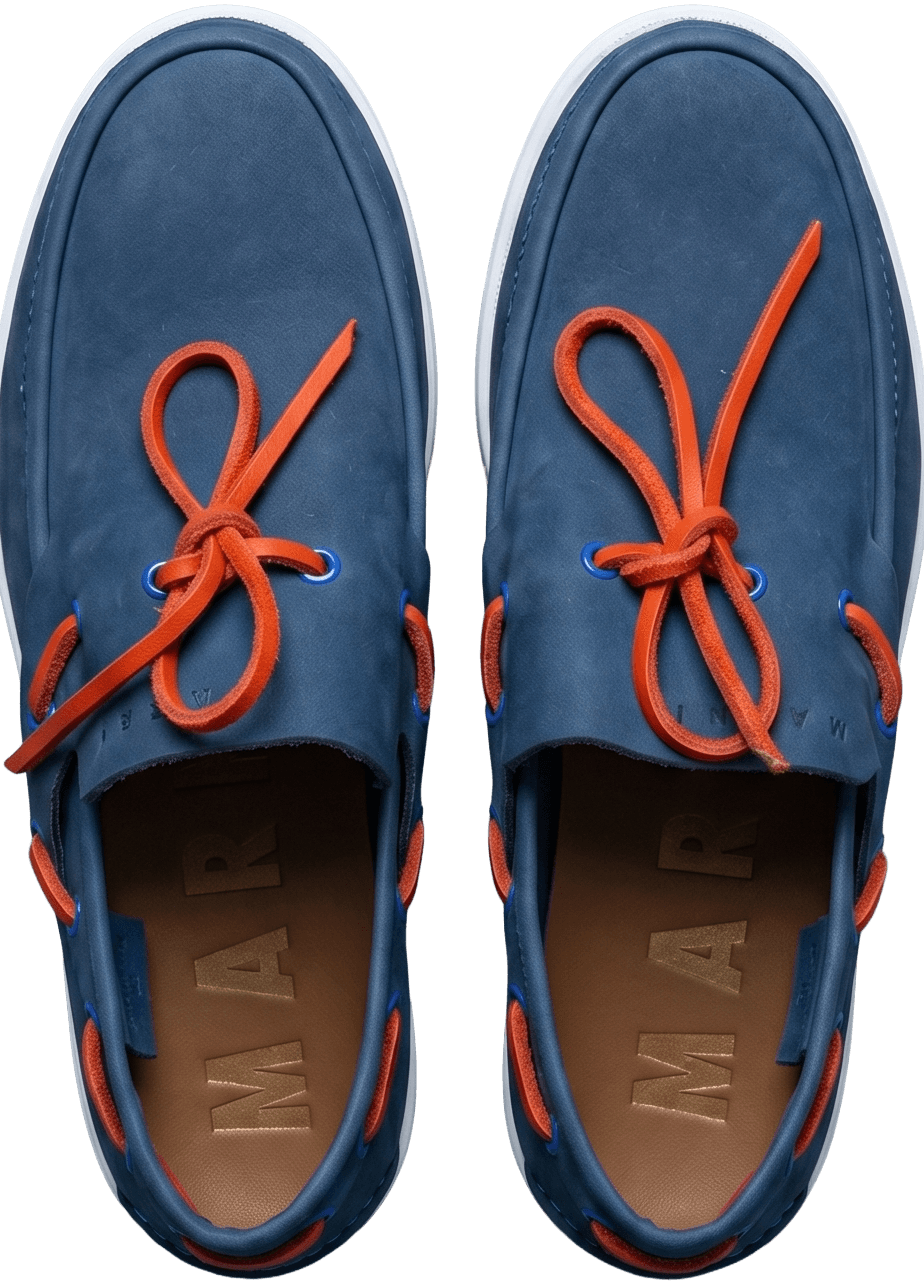 Top view of premium blue suede loafers featuring contrasting orange laces, Shoeaholic Bahrain Footwear. || منظر علوي لحذاء لوفير فاخر من الشامواه الأزرق مع أربطة برتقالية متباينة، شوهوليك البحرين للأحذية.